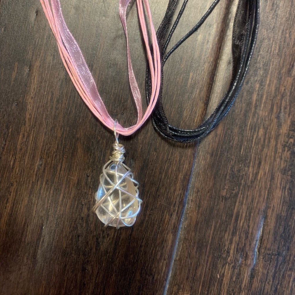 Teardrop tumbled clear quartz wrapped pendant